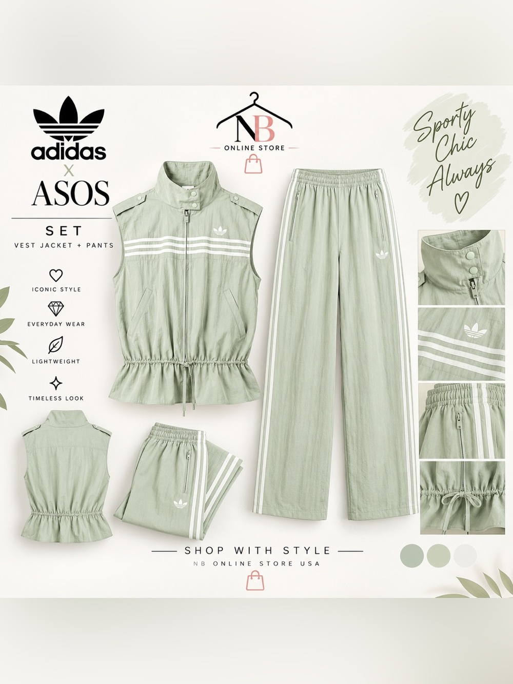 adidas Originals × ASOS sleeveless track jacket and wide leg pants set in sage